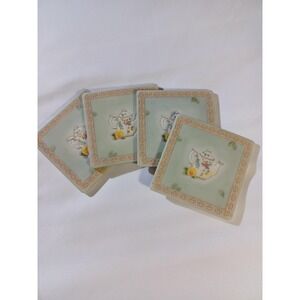 Green Glass Cork Coaster Set Of 4 Teapot Floral Square Drink Tabletop Decor